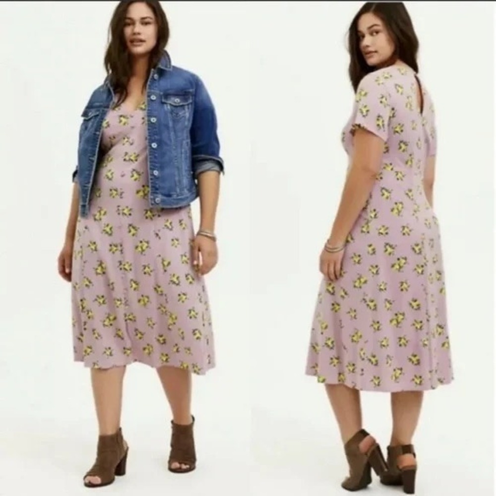 Torrid Floral Midi Dress Plus Size Mauve Lemon Print V Neck‎ Short Sleeve 0 12